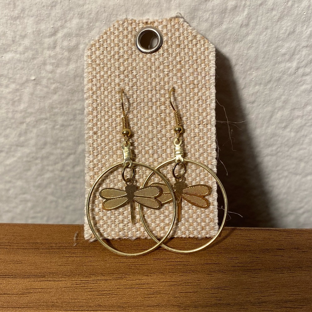 Gold hoop Earrings with Dragonfly